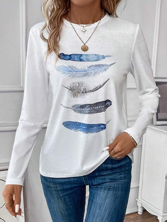  Women's T shirt Tee Feather Print Daily Weekend Fashion Long Sleeve Round Neck White Spring &  Fall