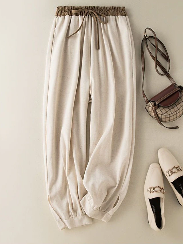 Women's Pants Trousers Harem Pants Vacation Streetwear Simple Ankle-Length High Waist Plain Pocket Drawstring Elastic Waist Comfort Breathability Soft Micro-elastic Outdoor Vacation Street White 5