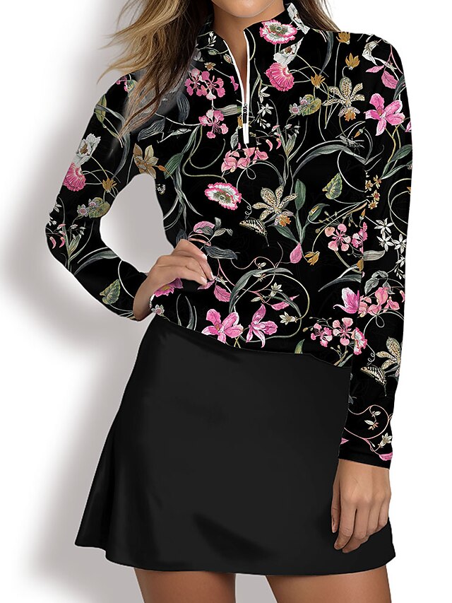  Femme T-shirt POLO Noir manche longue Protection Solaire Top Floral Automne Hiver Tenue de golf Vêtements Tenues Porter des vêtements