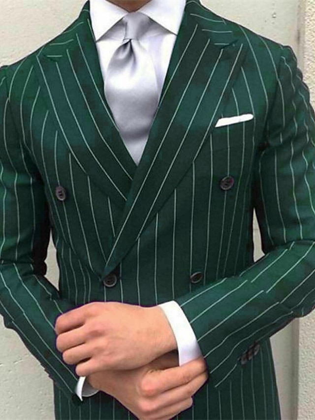  Green Black Burgundy Men's Prom Suits Wedding Suits Pinstripe Peak Lapel Business Formal Striped Suits 2 Piece Fashion Plus Size Double Breasted Six-buttons 2024
