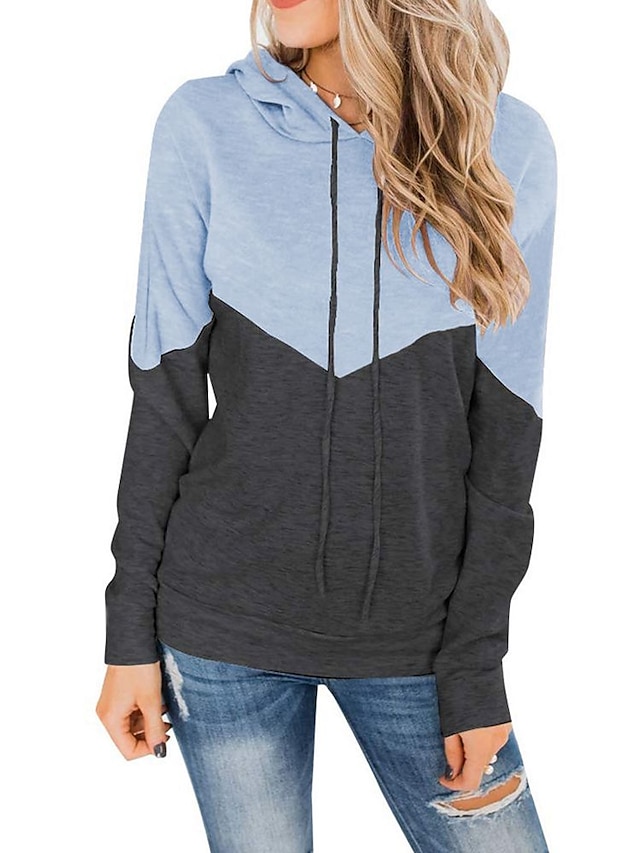  Women's Hoodie Sweatshirt Pullover Color Block Casual Sports Drawstring Light Blue Active Sportswear Hooded Long Sleeve Top Micro-elastic Spring &  Fall