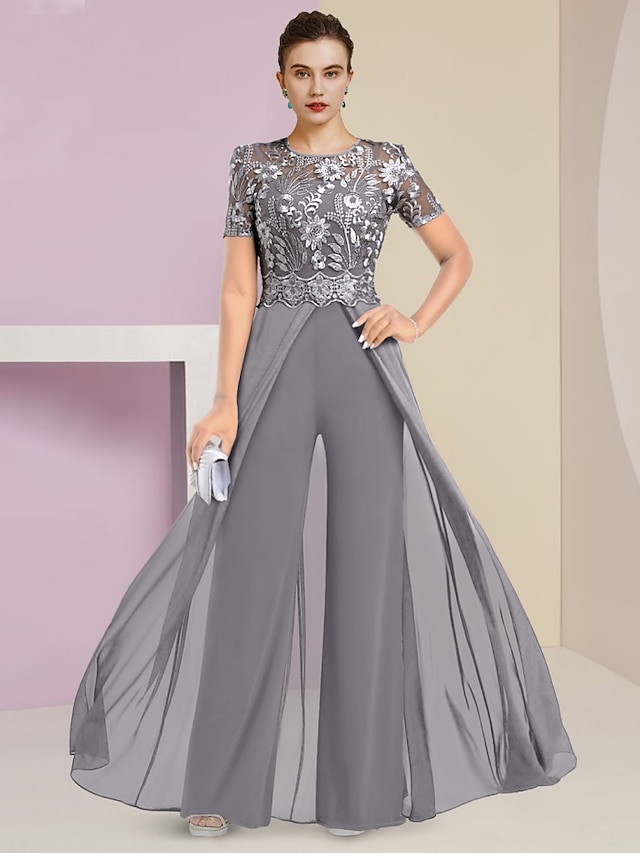  Jumpsuit / Pantsuit Mother of the Bride Dress Wedding Guest Elegant Jewel Neck Ankle Length Stretch Chiffon Short Sleeve with Lace Pleats 2024