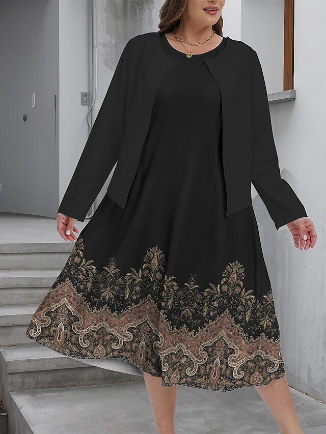  Pentru femei Mărime Plus Curba Rochie casual Set de rochii Rochie din Două Piese Geometric Bloc Culoare Rochii Midi Manșon Lung Imprimeu Stil Nautic Modă În aer liber Negru Galben Toamnă Iarnă L XL
