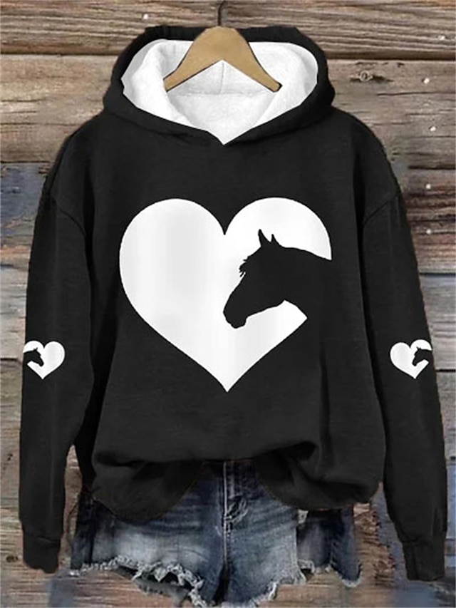  Damen Hoodie Sweatshirt Kapuze Zur Seite fahren Herz Graphic Tier Valentinstag Casual Bedruckt Schwarz Rote Blau Aktiv Sportbekleidung Mit Kapuze Langarm Oberteil Mikro-elastisch Herbst Winter