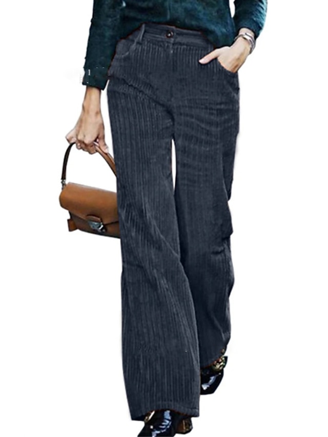  Women‘s Wide Leg Pants Trousers Full Length Corduroy Pocket High Cut High Waist Fashion Streetwear Outdoor Street Blue Green XS S Fall Winter