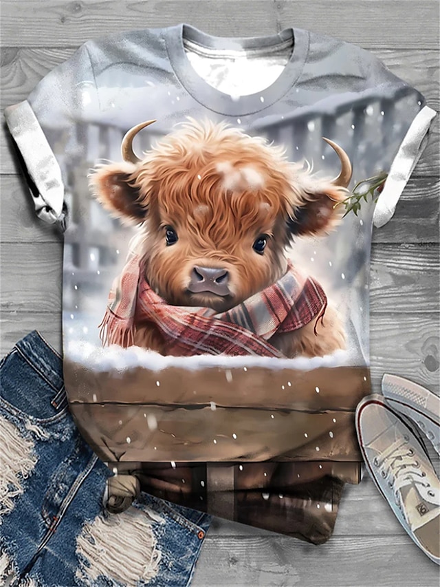  T-shirt femme unisexe avec impression de vache highland thème hiver col rond manches courtes vêtements décontractés tissu doux coupe standard tee graphique animal