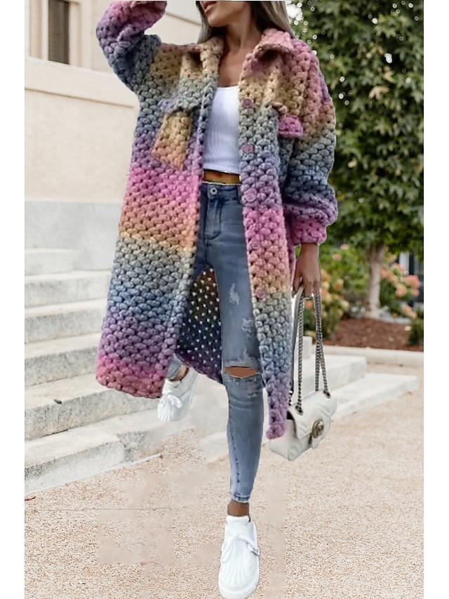  damski sweter sweter sweter szydełkowy dzianina kieszeń dzianinowy kolor gradient koszula kołnierz stylowy casual outdoor codzienny jesień zima fioletowy 2xl