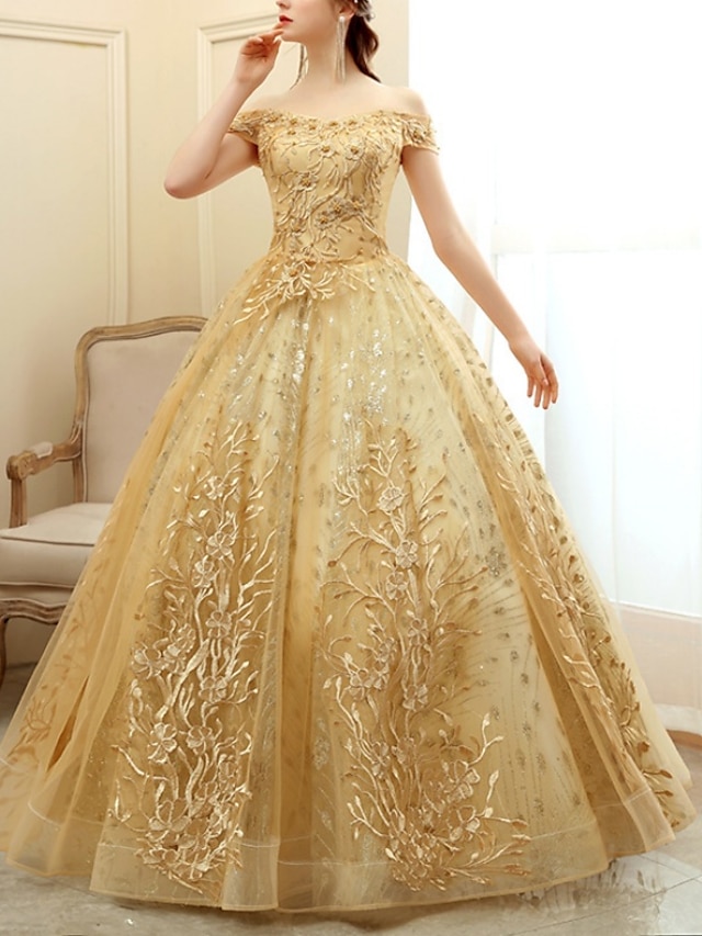  A-Line Prom Dresses Elegant Dress Formal Floor Length Short Sleeve Off Shoulder Tulle with Pearls Sequin Embroidery 2024