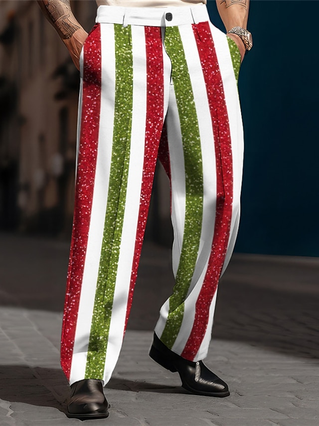  Stripe Vintage Men's 3D Print Pants Trousers Outdoor Street Wear to work Ugly Christmas Polyester Red Blue Gold S M L High Elasticity Pants