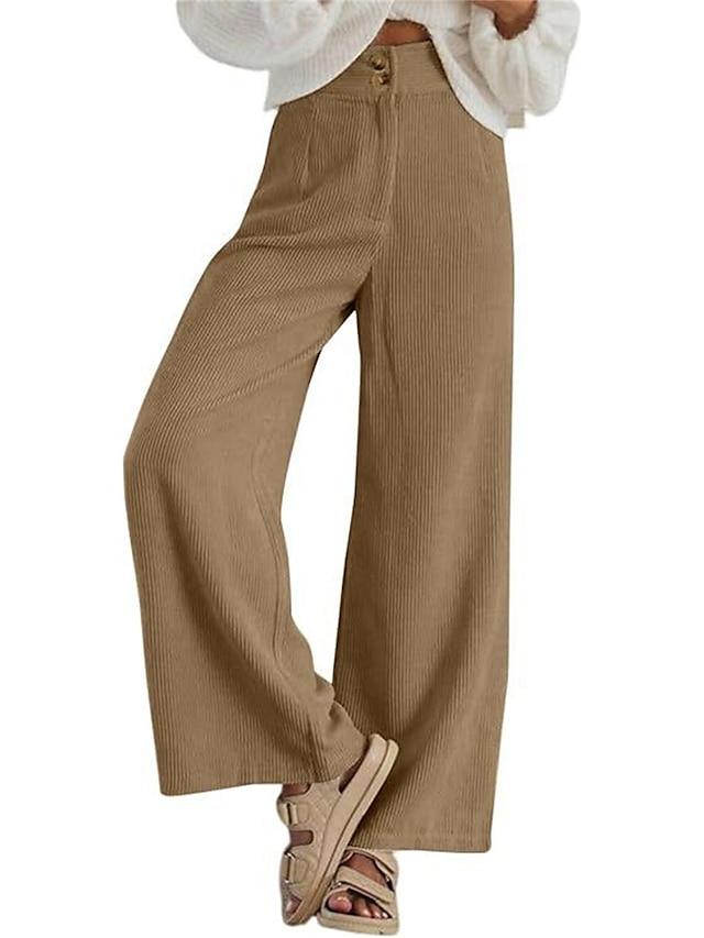  Women's Wide Leg Pants Trousers Corduroy High Waist Full Length Apricot Fall