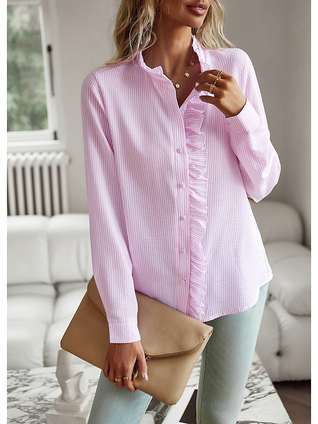  シャツ ブラウス 女性用 ブラック ホワイト ピンク 縞柄 ラッフル ボタン 日常 ファッション スタンドカラー レギュラー S