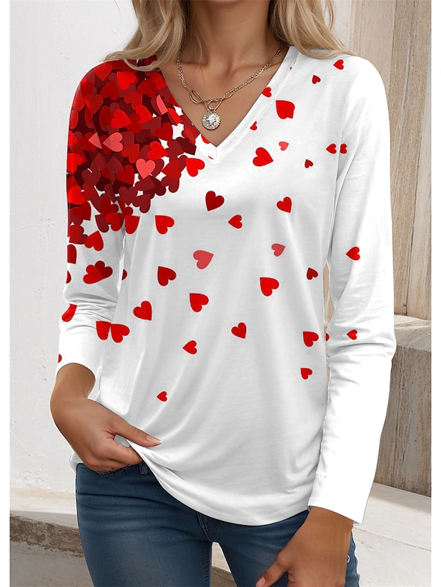 Per donna maglietta Con cuori Stampa San Valentino Fine settimana Di tendenza Manica lunga A V Rosso Primavera & Autunno