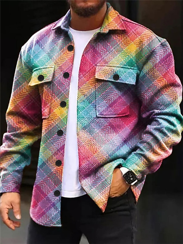  Per uomo A quadri Geometrica Geometria Camicia Giacca da camicia Sovracamicia Manica lunga Informale Esterno Strada Casual / quotidiano Autunno inverno Collo ripiegabile Bottoni Tasche Stampa Giallo
