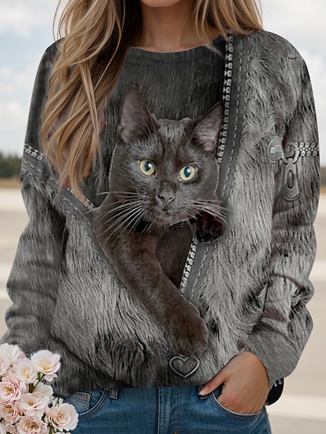  Women's Sweatshirt Pullover Cat Casual Sports Print Blue Brown Gray Sportswear Funny Round Neck Long Sleeve Top Micro-elastic Fall & Winter