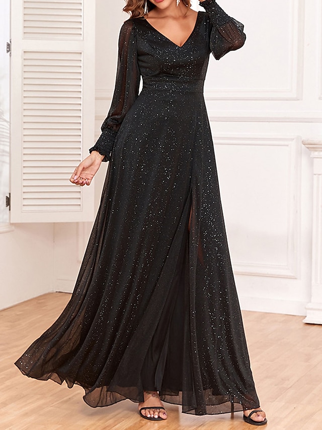 robe longue Femme robe noire manche longue Printemps Automne Hiver - Mode Soirée Moderne Brillant Pois Col V Vacances Mince 2023 Noir S M L XL