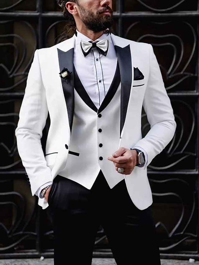  Men's Wedding Party Suits Light Yellow White Solid Colored Tailored Fit 2 Piece Single Breasted One-button