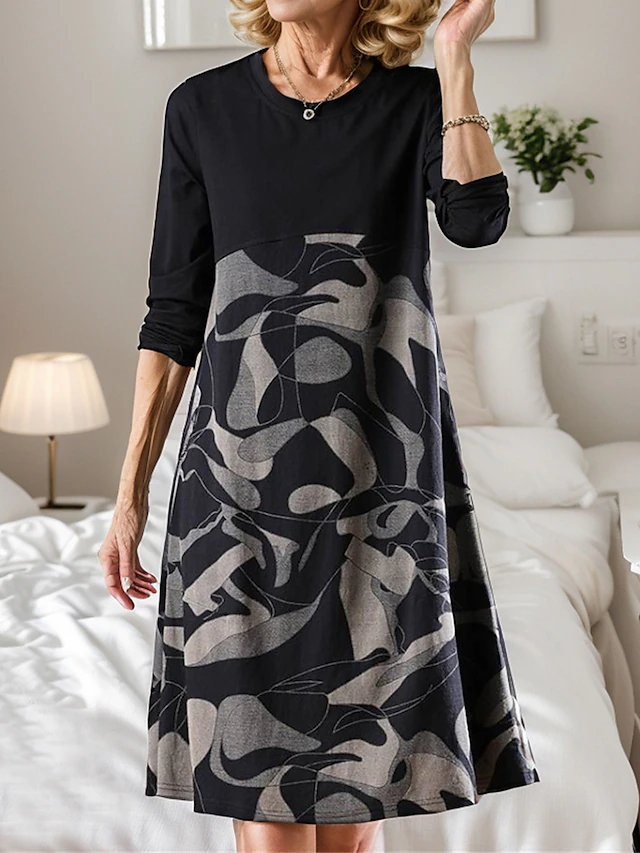 Women's Casual Dress Winter Dress Floral Color Block Patchwork Print Crew Neck Midi Dress Daily Vacation Long Sleeve Fall Winter 8