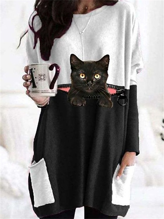  Damen T Shirt Katze 3D Täglich Wochenende Tasche Bedruckt Schwarz Langarm Modisch Rundhalsausschnitt Herbst Winter