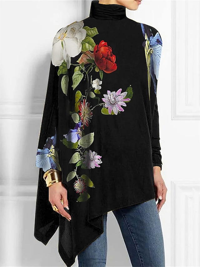  Women's T shirt Tee Floral Print Asymmetrical Holiday Weekend Fashion Long Sleeve High Neck Black Spring &  Fall