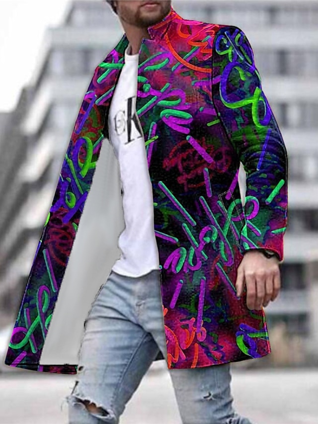  Herr Grafiska tryck Graffiti Vinterkappa Rock Kappa Håller värmen Andningsfunktion Bekväm Mode Streetwear Affär Arbete Klä till Jobbet Utekväll Ficka Mönster Höst vinter Nedvikt Långärmad Gul Purpur