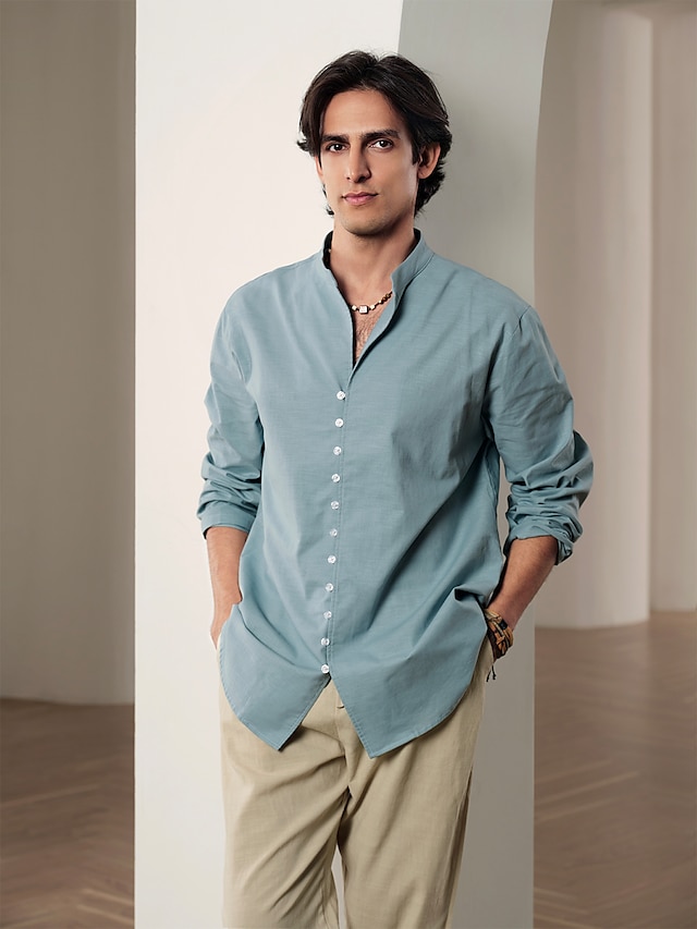  camisa de linho masculina 55% camisa estampada de linho azul manga comprida estampas gráficas âncora gola verão primavera roupas de rua ao ar livre