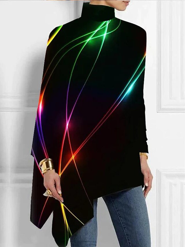 Women's T Shirt High-Neck Top Glowing Line Print Long Sleeve Loose Fit Unique Design Black Multicolor Trendy Party Nightclub Statement Shirt Fashionable Spring Fall Clothing Apparel4