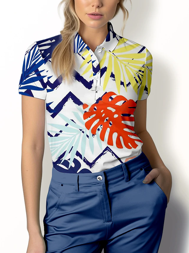 Women's Golf Polo Shirt Blue Short Sleeve Sun Protection Top Leaf Ladies Golf Attire Clothes Outfits Wear Apparel 10