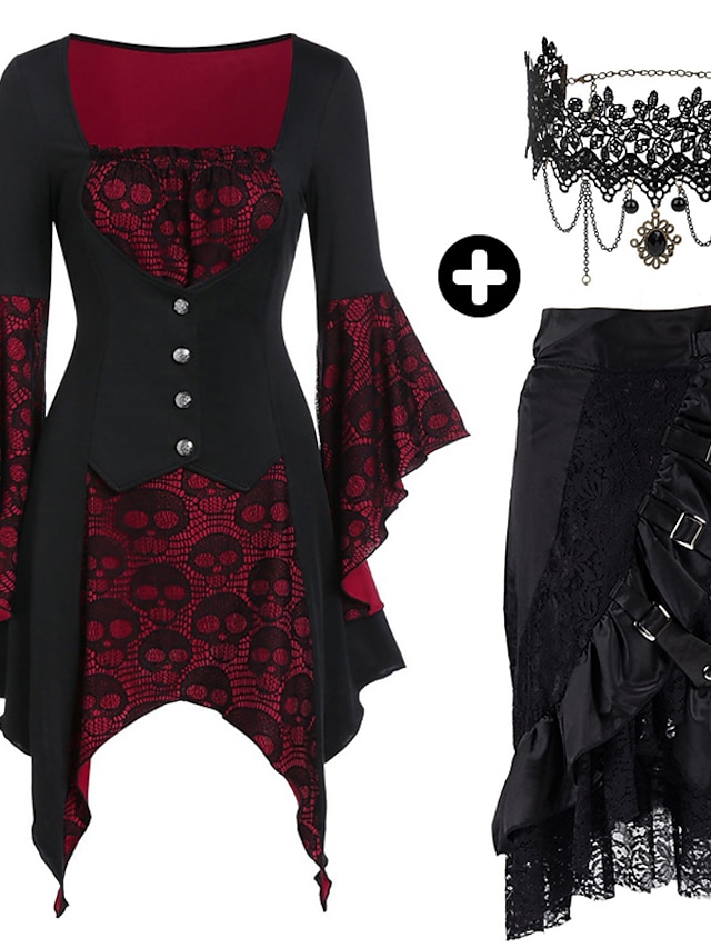  készletek blúzzal szoknya csipke choker nyaklánc 3 db női gótikus középkori steampunk retro vintage kalóz viking ruhák alkalmi divat