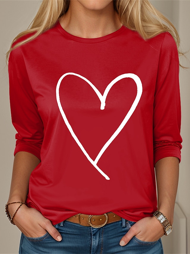  Women's T shirt Tee 100% Cotton Heart Print Valentine Weekend Fashion Long Sleeve Round Neck Black Spring &  Fall