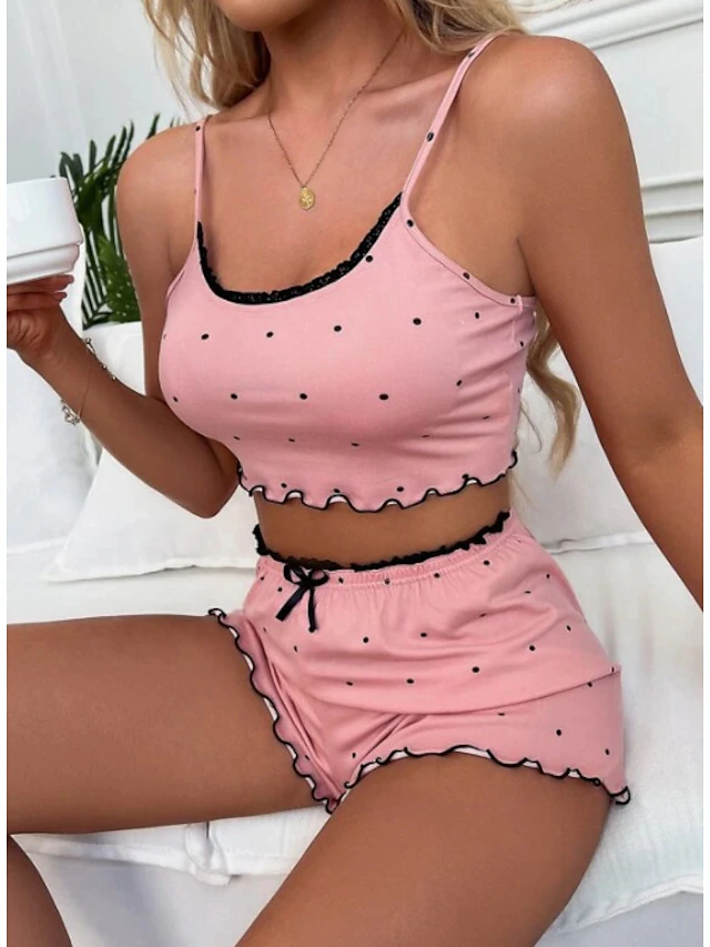 Women's Valentine Pajama Sets 2 Pieces Dot Print Lettuce Trim Crop Cami Top with Shorts Pj Sets Pink Gray 3 3XL Sping Summer Home Outfits 5