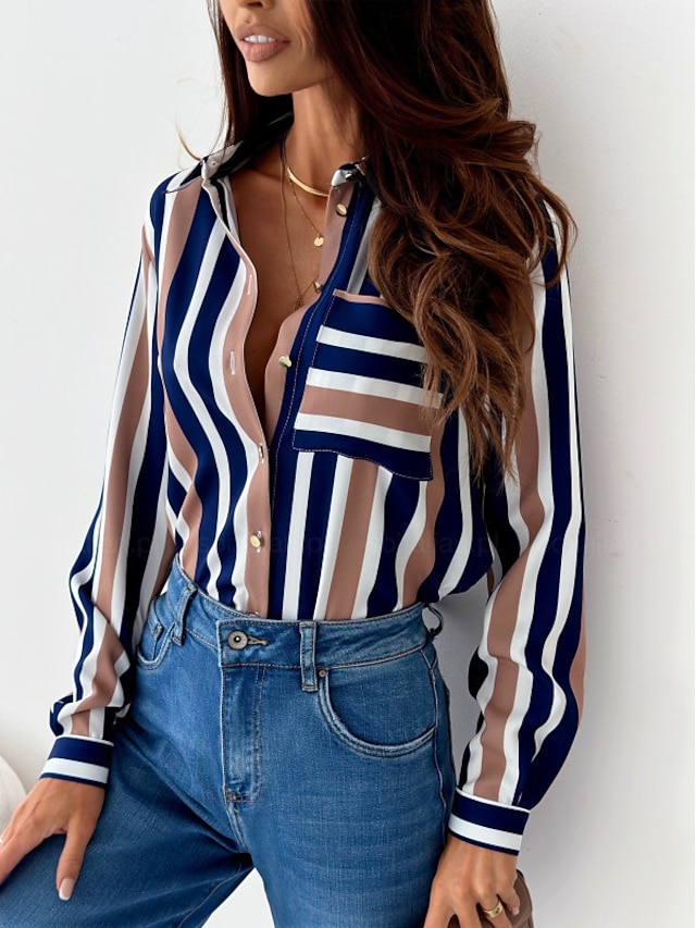  Damen Hemd Bluse Mode gestreift Knöpfe Tasche Druck Langarm normale Oberteile Hemdkragen Arbeit rot königsblau blau fuchsia braun Frühling&  fallen