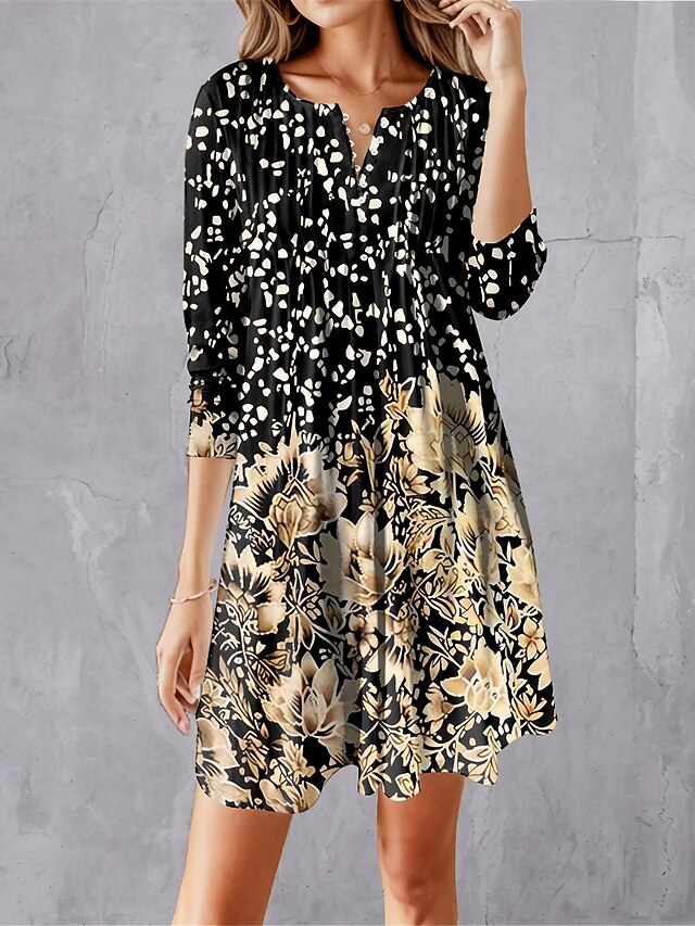 Women's Casual Dress Winter Dress Floral Print Button Crew Neck Mini