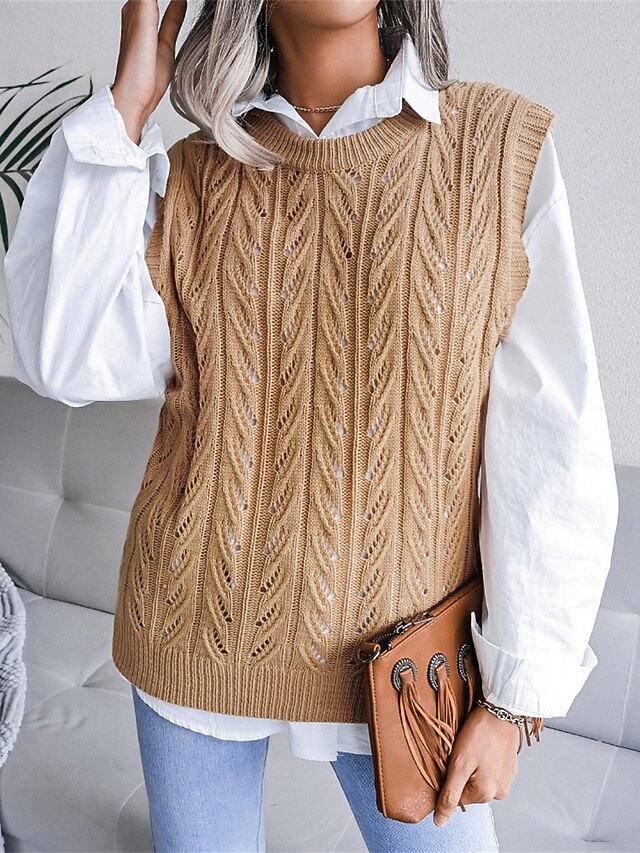 Women's Sweater Vest Crew Neck Ribbed Knit Acrylic Hollow Out Fall