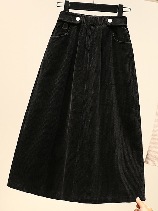  Women's Skirt A Line Midi High Waist Skirts Pocket Solid Colored Street Daily Winter Corduroy Fashion Casual Black Brown
