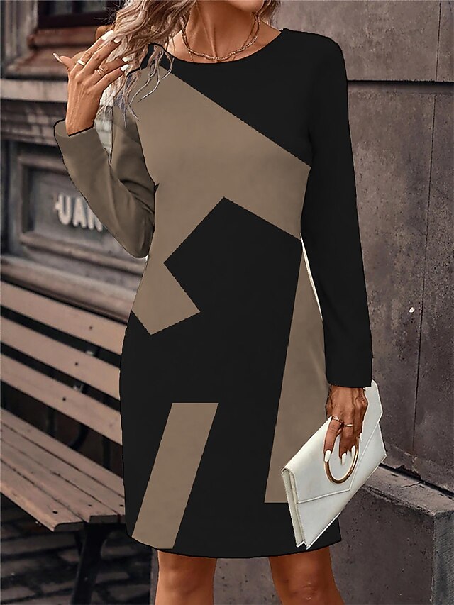 Women's Winter Dress Print Dress Geometric Color Block Print Crew Neck