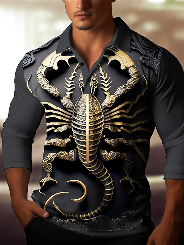  Scorpion Relief Pattern Men's Abstract 3D Print Outdoor Casual Daily Streetwear Polyester Long Sleeve Turndown Polo Shirts Silver Gold Fall & Winter S M L Micro-elastic Lapel Polo
