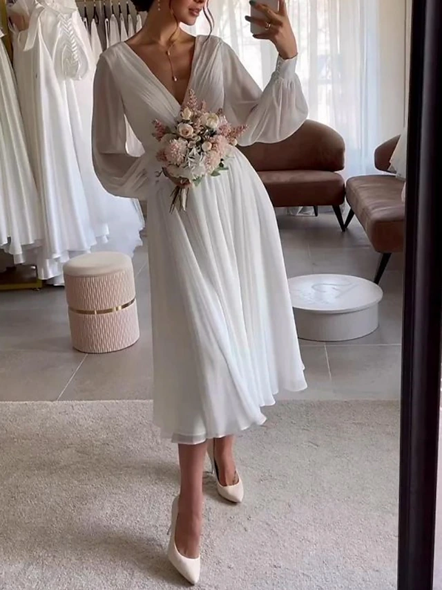 Simple Wedding Dresses Little White Dress Bridal Shower Dresses Wedding Dresses A-Line V Neck Long Sleeve Tea Length Chiffon Bridal Gowns With Pleats Solid Color 6