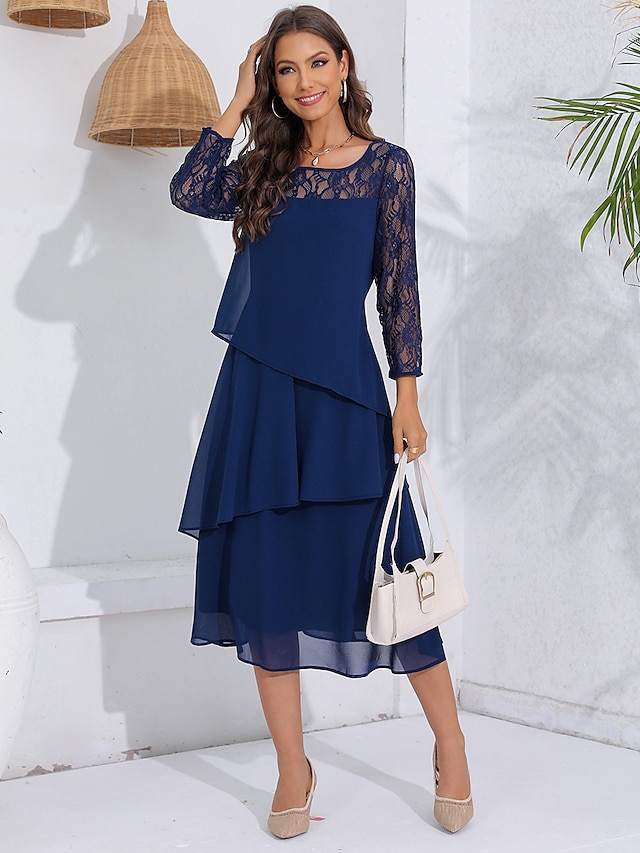  Women's Lace Dress Party Dress Cocktail Dress Lace Ruffle Crew Neck Long Sleeve Midi Dress Vacation Navy Blue Spring Winter
