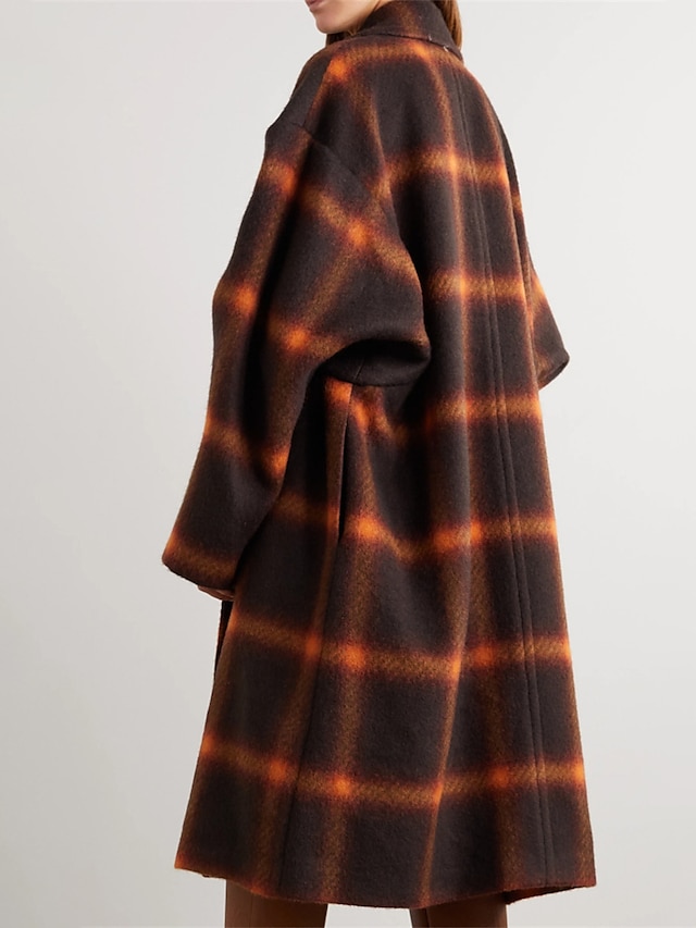  Women's Long Coat Overcoat Plaid Winter Coat Single Breasted Laple Trench Coat Warm Heated Jacket with Pockets Orange