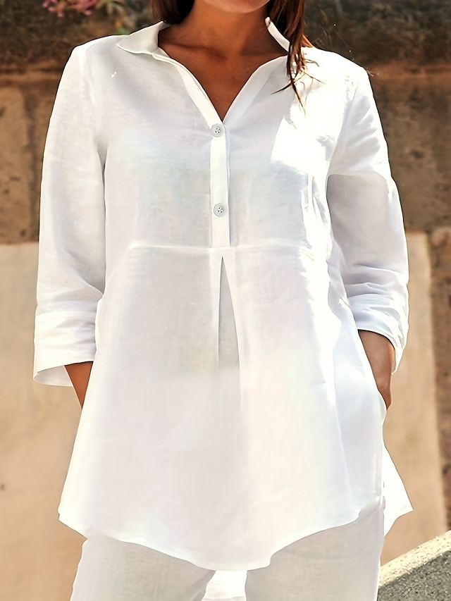  Women's Plus Size Shirt Linen-Inspired Shirts Plain Fashion Casual 3/4 Length Sleeve Bell Sleeve V Neck Shirt Collar Regular Tops Casual Holiday White Royal Blue Dusty Blue Spring &  Fall All Seasons