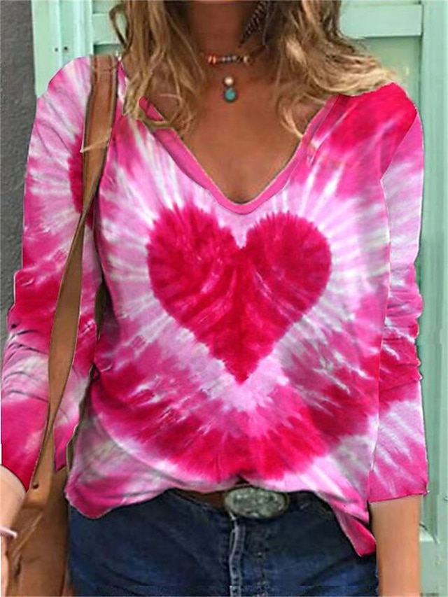  Women's T shirt Tee Heart Tie Dye Print Valentine Weekend Fashion Long Sleeve V Neck Red Spring &  Fall