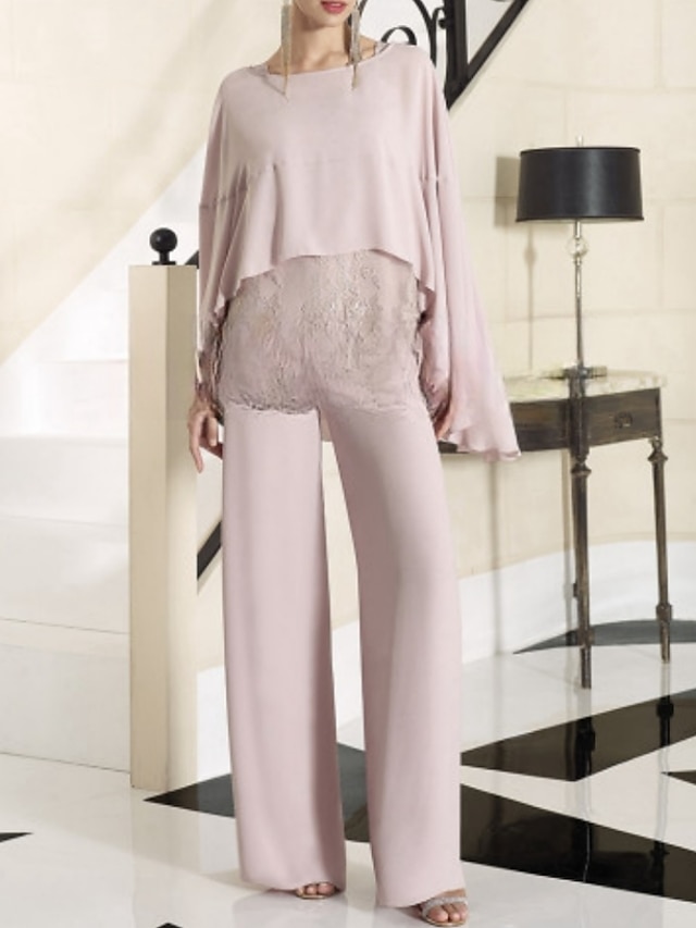 Chiffon 3/4 Sleeves Round Neck Mother of the Bride & Groom Jumpsuit with Lace Embellished Bodice main image 1