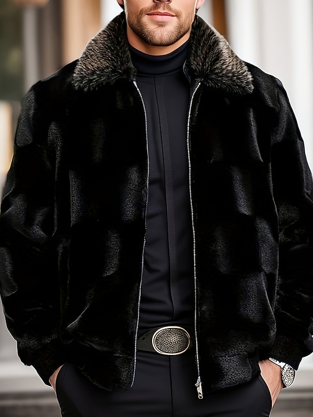  Men's Winter Jacket Faux Fur Outdoor Daily Wear Warm Fall Winter Plain Fashion Streetwear Lapel Regular Black Jacket