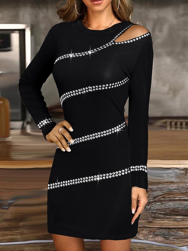  Γυναικεία Μαύρο φόρεμα Φόρεμα για πάρτυ Κοκτέιλ Φόρεμα Βαμβάκι Με κοψίματα Στρογγυλή Ψηλή Λαιμόκοψη Μακρυμάνικο Μίνι φόρεμα Διακοπές Μαύρο Κρασί Χειμώνας
