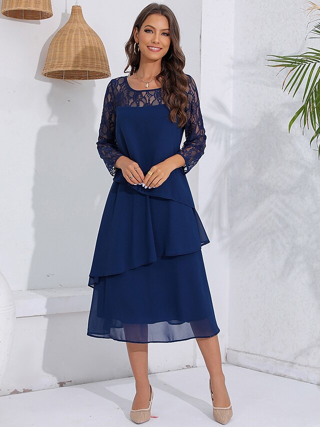 Vestido de encaje en el cuerpo y falda de chiffon con mangas cortas Azul Royal