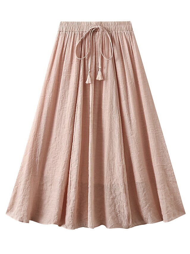 Women's Skirt A Line Swing Midi Linen Cotton Blend Black Pink Khaki