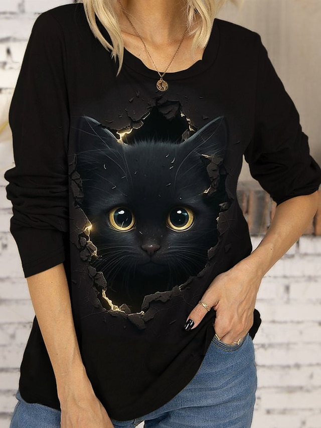  Femme T shirt Tee Chat 3D Imprimer du quotidien Fin de semaine Mode Marrant manche longue Col Rond Noir Printemps & Automne