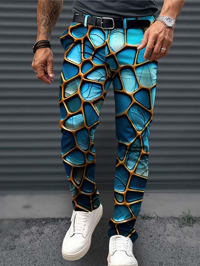  3D Print Zakelijk Casual Voor heren 3D-afdrukken Pakken Broeken Buiten Alledaagse kleding Streetwear Polyester Blauw Oranje Groen S M L Middelhoge taille Elasticiteit Broek