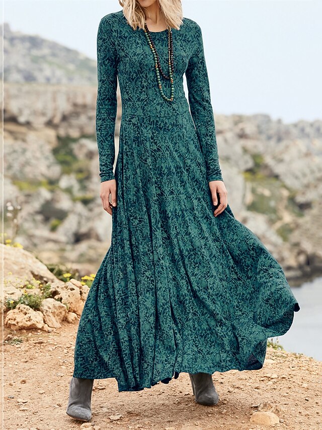 Women's Midi Dress A Line Dress Casual Dress Winter Dress Swing Dress Streetwear Modest Formal Vacation Party Regular Fit Floral Long Sleeve Crew Neck Green Fall Winter4