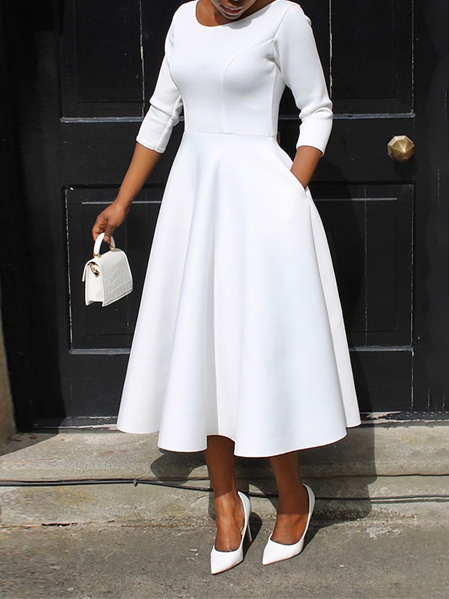  Damen Weißes Kleid Casual kleid Schaukelkleid Midikleid Tasche Täglich Verabredung Elegant Strassenmode Rundhalsausschnitt 3/4 Ärmel Schwarz Weiß Rosa Farbe